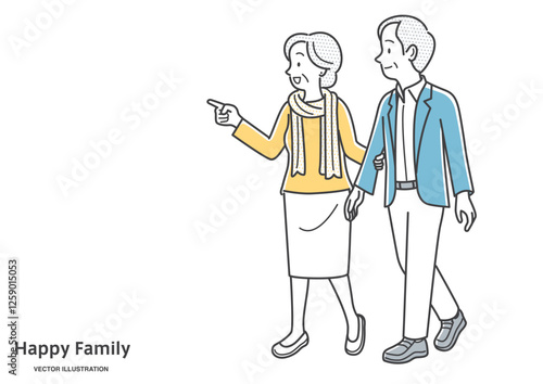 笑顔で会話しながら散歩するシニア夫婦のイラスト素材