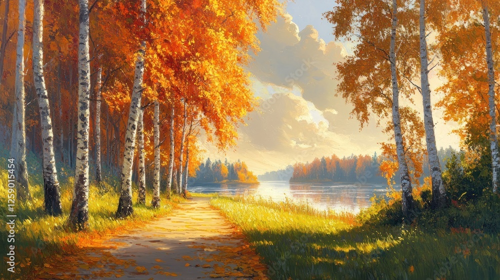 Fototapeta premium Autumn Path Beside a Calm Lake with Birch Trees