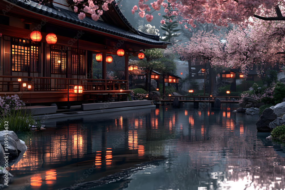 Fototapeta premium Serene Japanese Garden at Dusk with Cherry Blossoms and Illuminated Lanterns