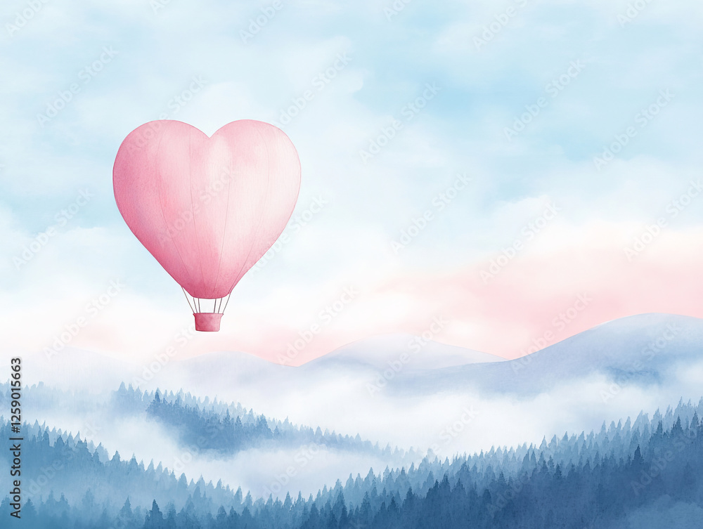 Obraz premium Heart-Shaped Hot Air Balloon Over Misty Mountains 