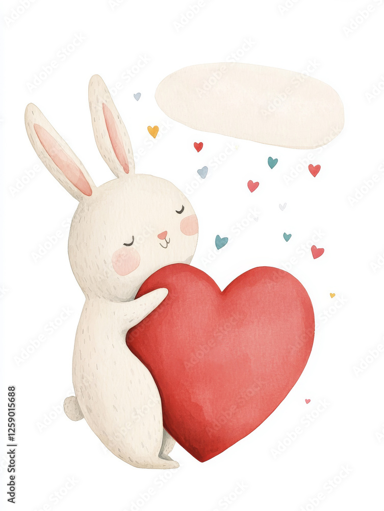 Obraz premium Cute Bunny Holding Heart with Floating Hearts
