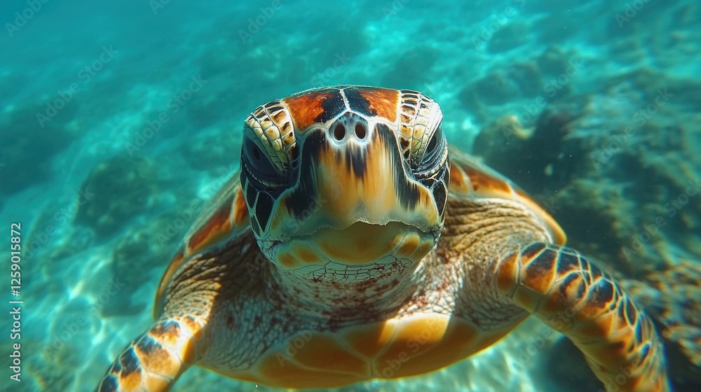 Fototapeta premium Hawksbill Sea Turtle Underwater Close Up View