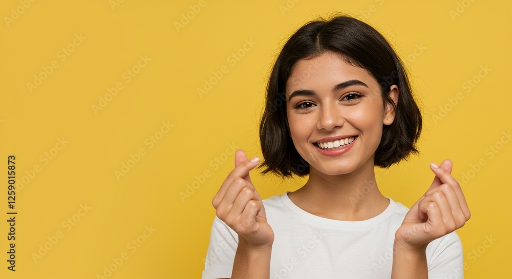 Young Woman Making a Heart Gesture with Her Fingers on Yellow Background Young Woman Making a Heart Gesture with Her Fingers on Yellow Background
