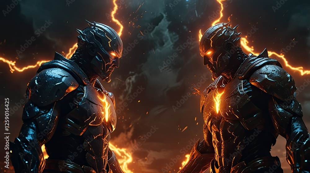 Fototapeta premium Two imposing armored figures stand confrontationally illuminated by bursts of lightning in a dark stormy environment during twilight hours