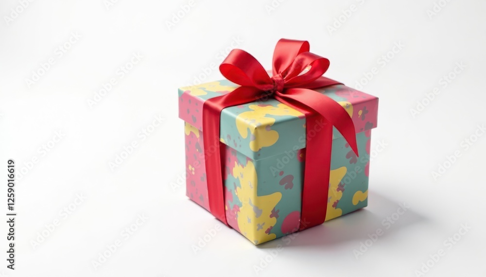 Obraz premium Colorful gift wrapped in red ribbon isolated on white background, present, decorative