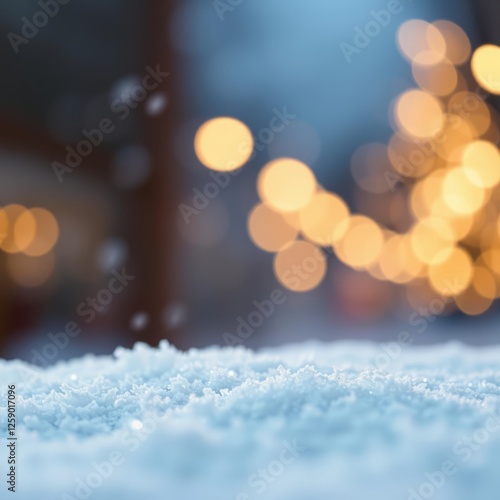 A close-up of a snowy surface with blurred lights in the background creating a wintery magical feel copy space for text christmas festive background Bokeh light lights background bokeh abstrac