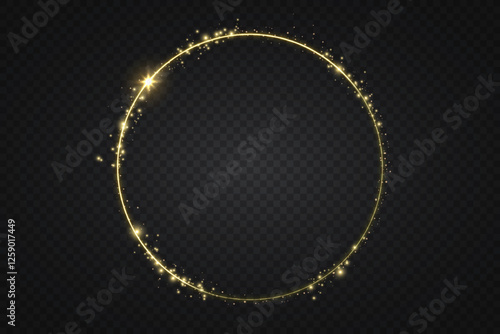 Abstract golden light ring with a glowing twirl effect, isolated on a transparent background. A modern vector illustration featuring swirling energy trails, curved light beams, and sparkles.
