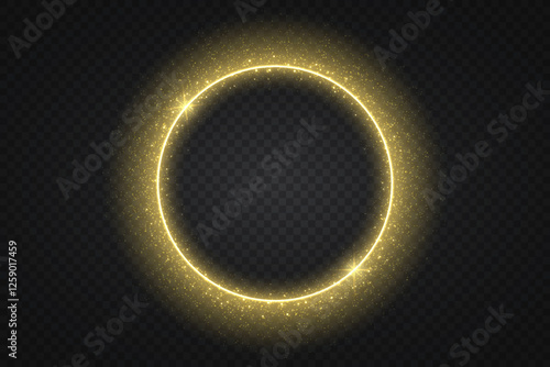 Abstract golden light ring with a glowing twirl effect, isolated on a transparent background. A modern vector illustration featuring swirling energy trails, curved light beams, and sparkles.