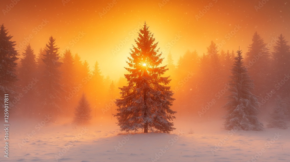Fototapeta premium Snowy forest sunrise; single tree, fog, winter landscape; nature photography