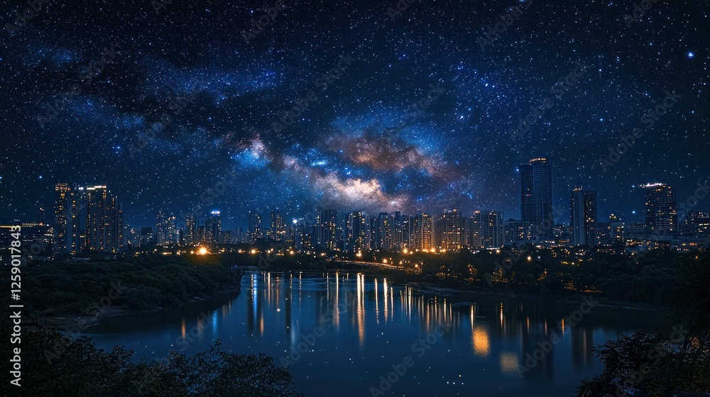 A tranquil night city skyline where minimal light pollution allows the Milky Way to be visible above the urban sprawl A tranquil night city skyline where minimal light pollution allows the Milky Way to be visible above the urban sprawl
