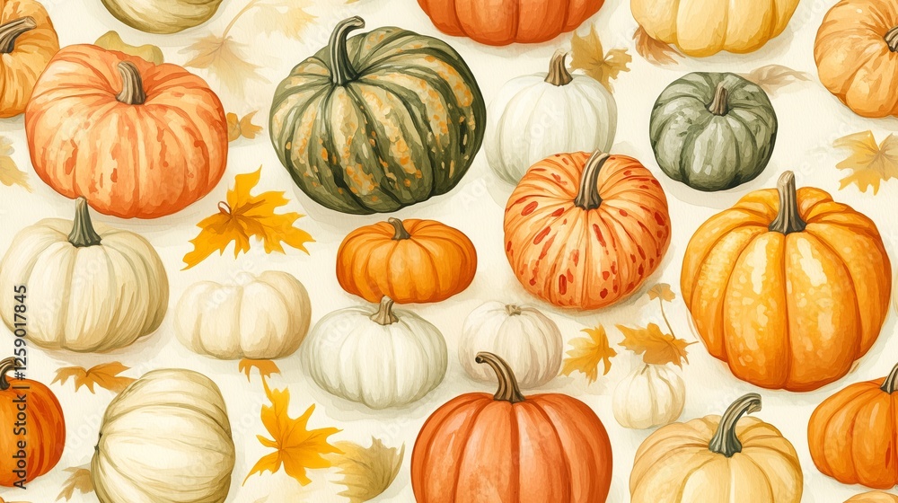 Gouache painting of assorted pumpkins in warm fall colors. Perfect for autumn, harvest, Thanksgiving, or seasonal design projects. Gouache painting of assorted pumpkins in warm fall colors. Perfect for autumn, harvest, Thanksgiving, or seasonal design projects.