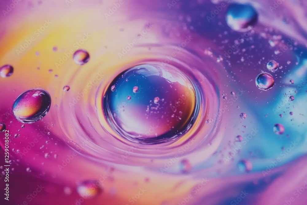 Mesmerizing hued oil droplets create vibrant patterns on water surface Mesmerizing hued oil droplets create vibrant patterns on water surface