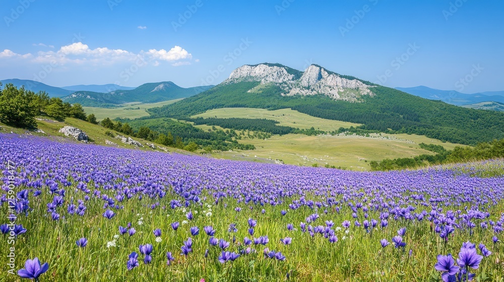 Obraz premium Mountain Landscape with Blooming Purple Flowers Field