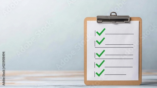 A clipboard with a checklist featuring green check marks, symbolizing task completion and productivity in a modern workspace.