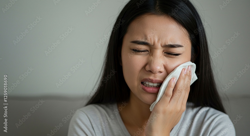 Woman Experiencing Toothache Holding Compress on Cheek in Distress Woman Experiencing Toothache Holding Compress on Cheek in Distress
