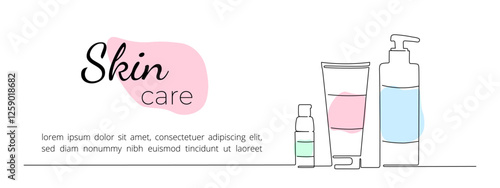 One continuous line drawing of cosmetic bottles. Concept of skin care routine. Editable stroke, vector illustration