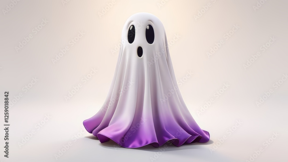 A ghostly figure with a purple and white sheet draped over it. The ghostly figure has a surprised look on its face A ghostly figure with a purple and white sheet draped over it. The ghostly figure has a surprised look on its face