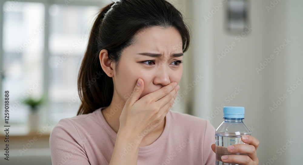 Woman with a Disgusted Expression Holding a Plastic Water Bottle Indoors Woman with a Disgusted Expression Holding a Plastic Water Bottle Indoors