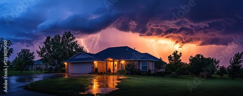 Suburban home lit up by a nighttime lightning storm