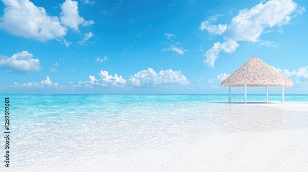 Tropical beach hut, turquoise water, sunny sky, white sand, vacation getaway Tropical beach hut, turquoise water, sunny sky, white sand, vacation getaway