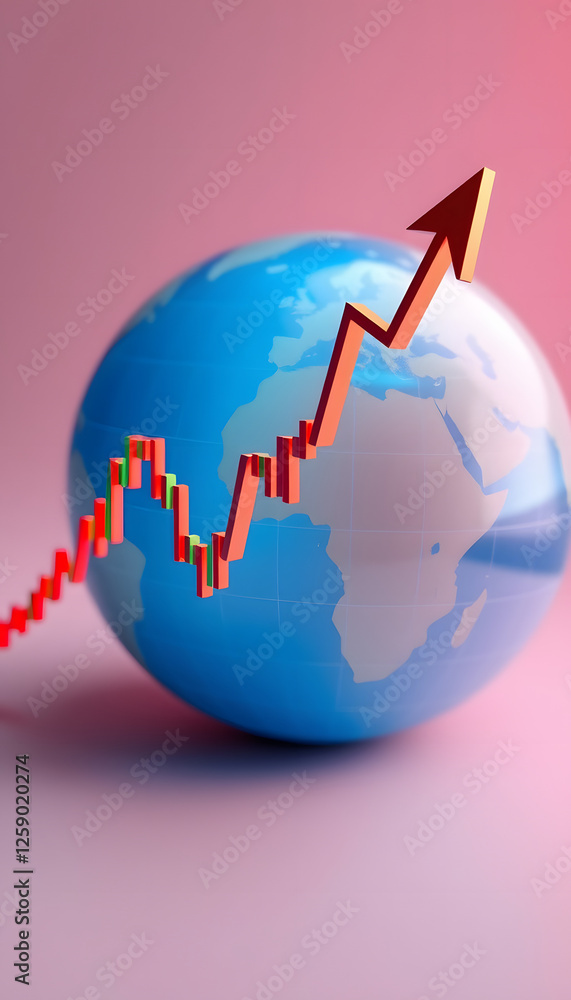Forex trading chart with upward trend on digital globe background. 3D Rendering, Side lit. with white shades Forex trading chart with upward trend on digital globe background. 3D Rendering, Side lit. with white shades