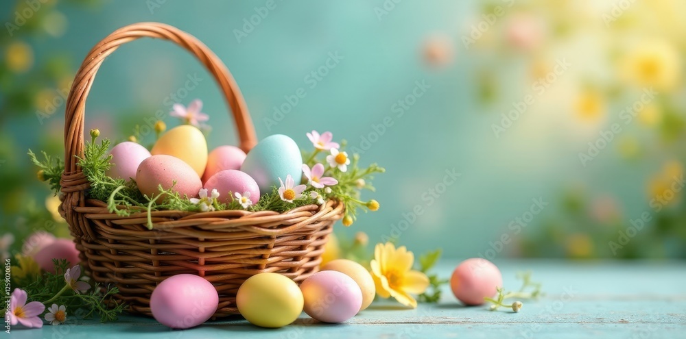 Wicker basket overflowing with pastel eggs, spring flowers , painted eggs, Easter, tradition Wicker basket overflowing with pastel eggs, spring flowers , painted eggs, Easter, tradition