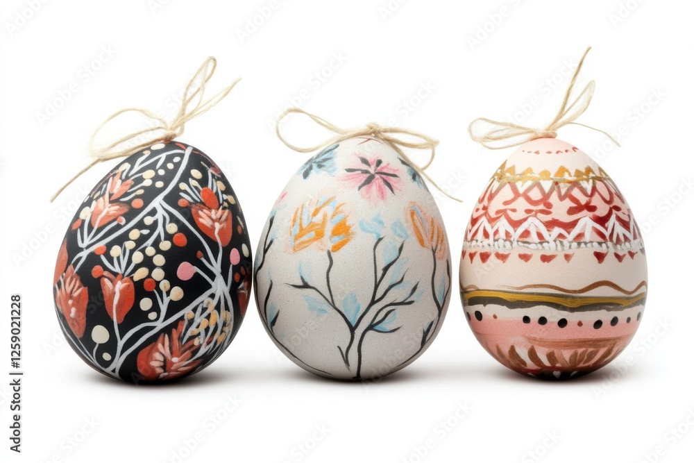 Colorful Easter eggs with folk motif isolated on white background for festive celebration and decoration ideas Colorful Easter eggs with folk motif isolated on white background for festive celebration and decoration ideas