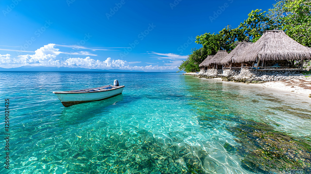 Tropical beach boat calm water huts Tropical beach boat calm water huts