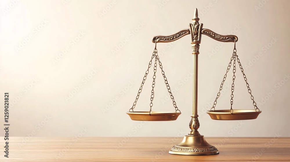 Golden scale of justice is displayed in perfect balance on a wooden surface, symbolizing fairness and legal representation Golden scale of justice is displayed in perfect balance on a wooden surface, symbolizing fairness and legal representation