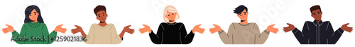 People of different races in casual clothes spread hand shrugging shoulders looking puzzled. Apologize or say sorry, regret for what happen asking for forgiveness concept. Flat vector illustration