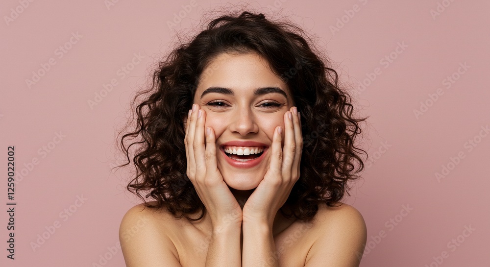 Excited Curly Haired Woman Laughing with Hands on Face Against Pink Background Excited Curly Haired Woman Laughing with Hands on Face Against Pink Background