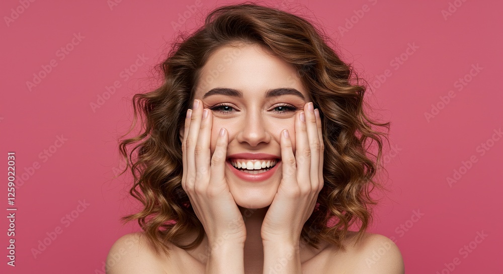 Woman Smiling with Hands on Face Against Pink Backdrop Radiating Joy Woman Smiling with Hands on Face Against Pink Backdrop Radiating Joy