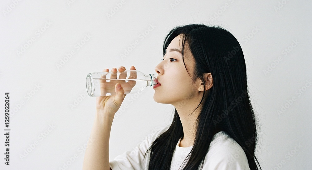 Young Woman Drinking Water From Glass Bottle for Health and Hydration Young Woman Drinking Water From Glass Bottle for Health and Hydration