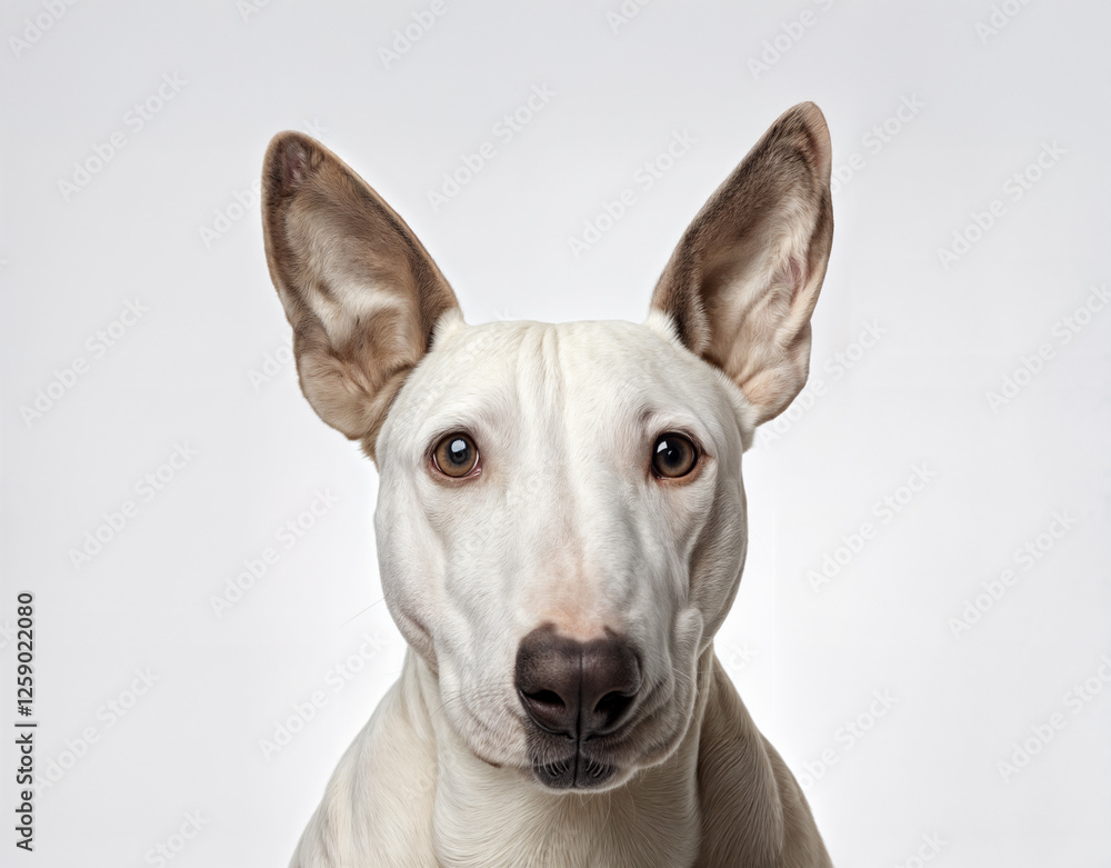 Close-up of a white bull terrier with large, upright ears and an inquisitive, alert gaze, captured in a bright, minimal studio environment, highlighting a calm expression for veterinary branding. Close-up of a white bull terrier with large, upright ears and an inquisitive, alert gaze, captured in a bright, minimal studio environment, highlighting a calm expression for veterinary branding.