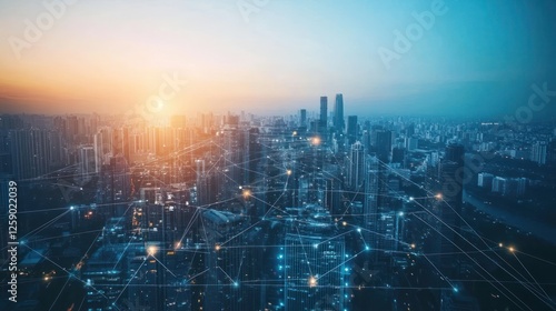 Wallpaper Mural Smart city skyline at sunset, digital network overlay. Torontodigital.ca