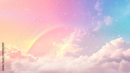 A whimsical pastel rainbow unicorn background shines with sparkling stars against a soft, pink fantasy sky. Fairy iridescent gradient backdrop. 