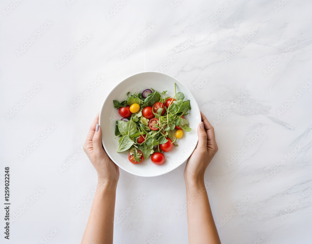 Top view of female hands holding a white bowl brimming with fresh cherry tomatoes, mixed greens, and basil, set against a marble backdrop for a nutritious breakfast and wholesome lifestyle focus. Top view of female hands holding a white bowl brimming with fresh cherry tomatoes, mixed greens, and basil, set against a marble backdrop for a nutritious breakfast and wholesome lifestyle focus.