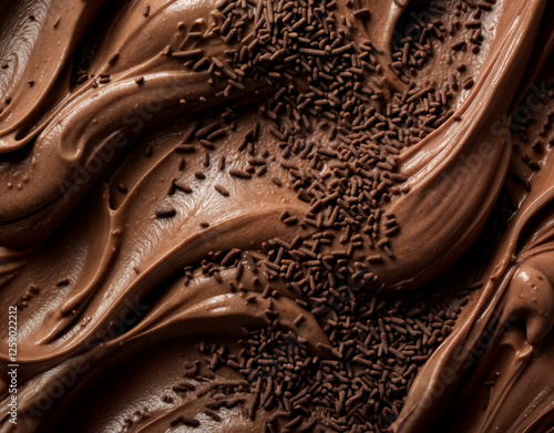 Lusciously swirled chocolate gelato topped with delicate chocolate sprinkles, showcasing rich, creamy dessert textures in a mouthwatering close-up perfect for indulgent sweet tooth marketing. photo