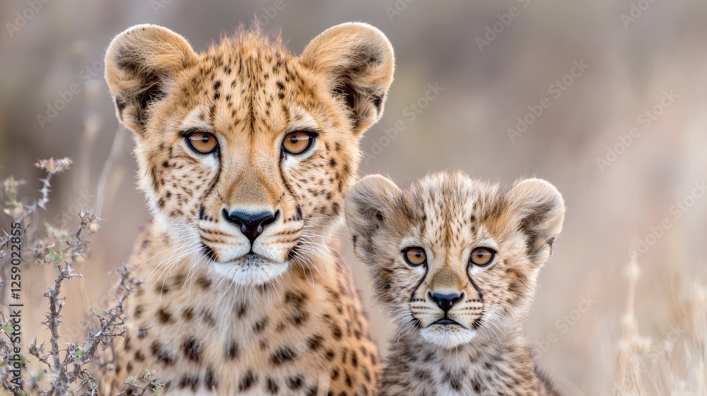 Obraz premium Cheetah mother and her cub sitting together in the dry grass of the African savanna during daytime.