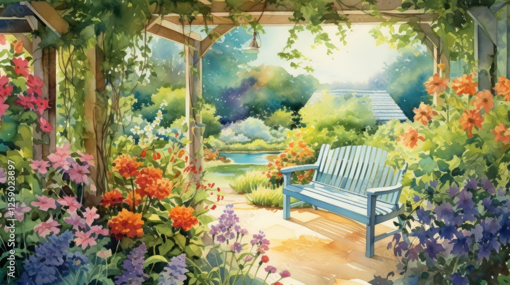 Obraz premium Vibrant Summer Garden Retreat Patio with Colorful Flowers. Outdoor Relaxation Scene