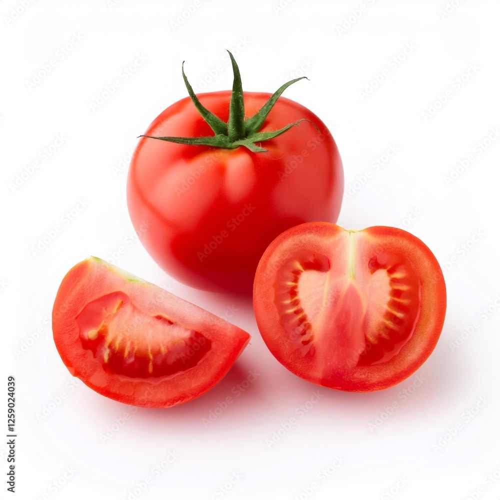 Fresh, ripe tomatoeswhole and halveddisplaying bright red flesh on pristine white surface Fresh, ripe tomatoeswhole and halveddisplaying bright red flesh on pristine white surface