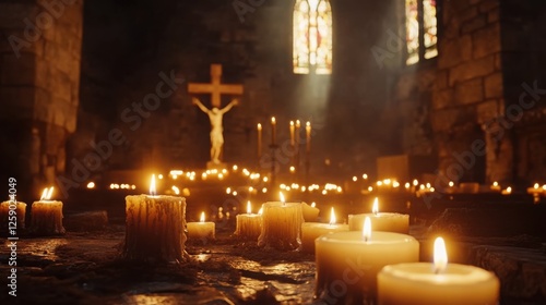 Mystical ambiance of a candlelit church with stained glass illuminating sacred space