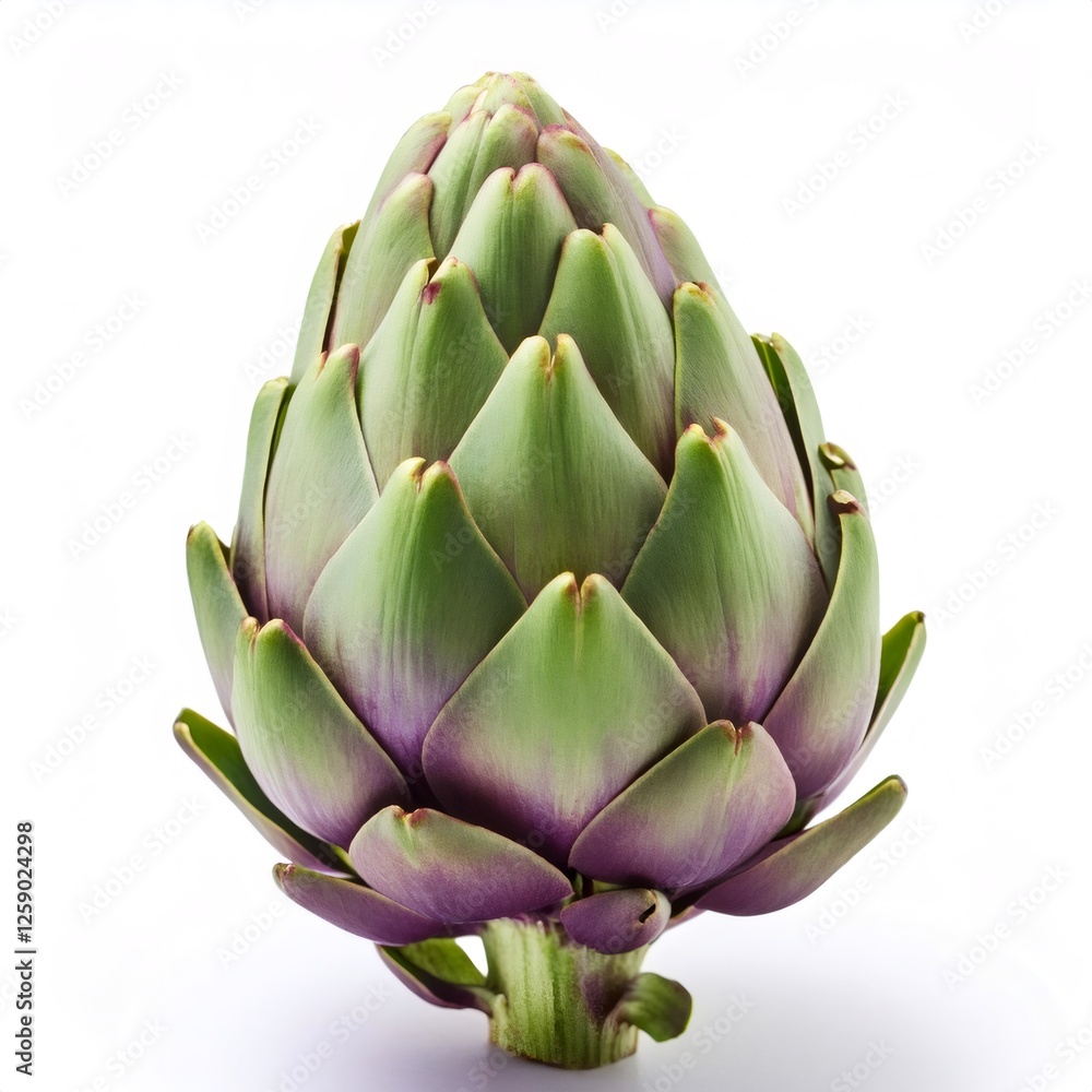 Studio shot of a fresh artichoke with green and purple leaves, isolated on white background Studio shot of a fresh artichoke with green and purple leaves, isolated on white background