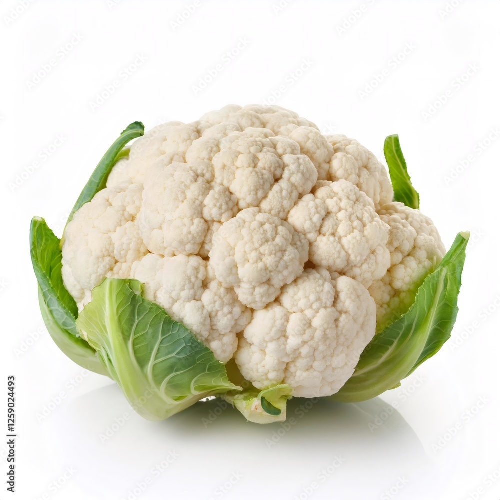 Fresh white cauliflower head with green leaves, isolated on a white background, perfect for healthy recipes Fresh white cauliflower head with green leaves, isolated on a white background, perfect for healthy recipes