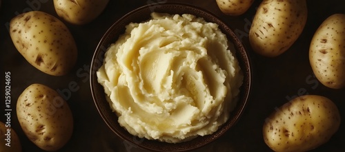 plate with mashed potatoes surrounded by potatoes top view