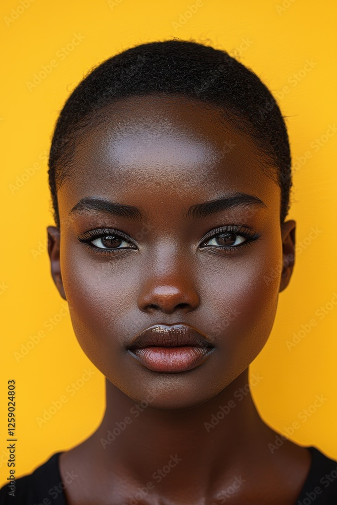Beautiful portrait of a woman against a vibrant yellow background showcasing natural features and confident expression Beautiful portrait of a woman against a vibrant yellow background showcasing natural features and confident expression