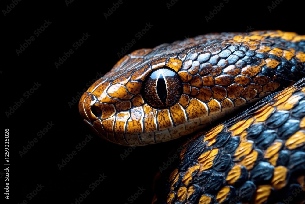 Fototapeta premium A detailed closeup of a snake head on black background