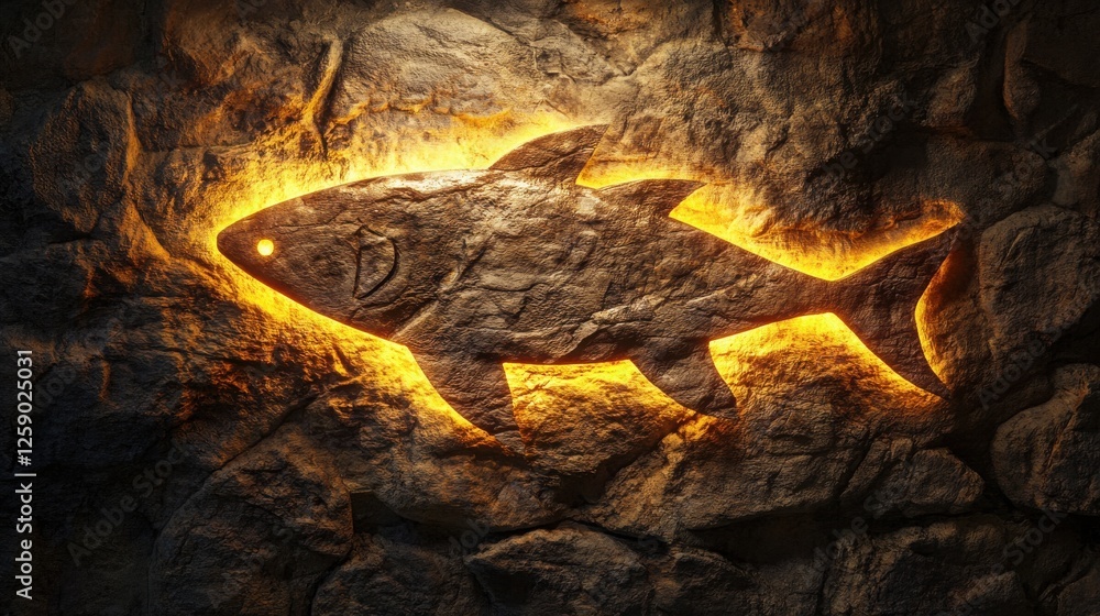 Creative stone carving of a fish illuminated by warm light in a cave setting Creative stone carving of a fish illuminated by warm light in a cave setting