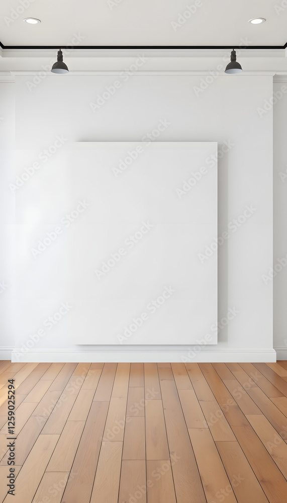 Blank white canvas in gallery room with wooden floor. 3D Rendering, vintage. with white shades Blank white canvas in gallery room with wooden floor. 3D Rendering, vintage. with white shades