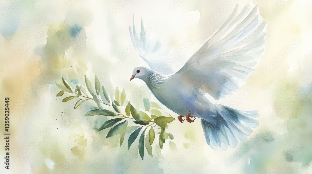 Obraz premium Graceful white dove soars through a soft pastel sky carrying an olive branch in its beak